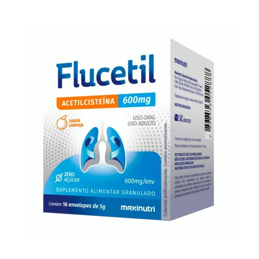 Suplemento Alimentar Maxinutri Flucetil Acetilcisteína 600mg Sabor Laranja 16 Envelopes de 5g