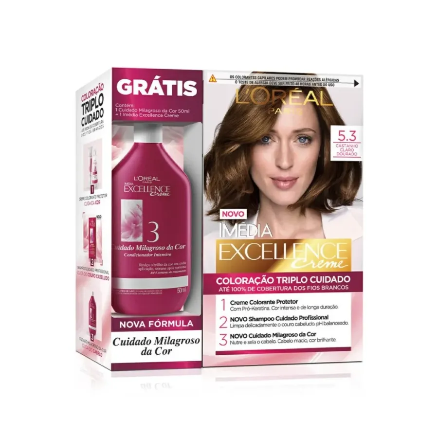Kit Loreal Paris Tintura Imédia Excellence Creme 5.3 - Castanho Claro Dourado