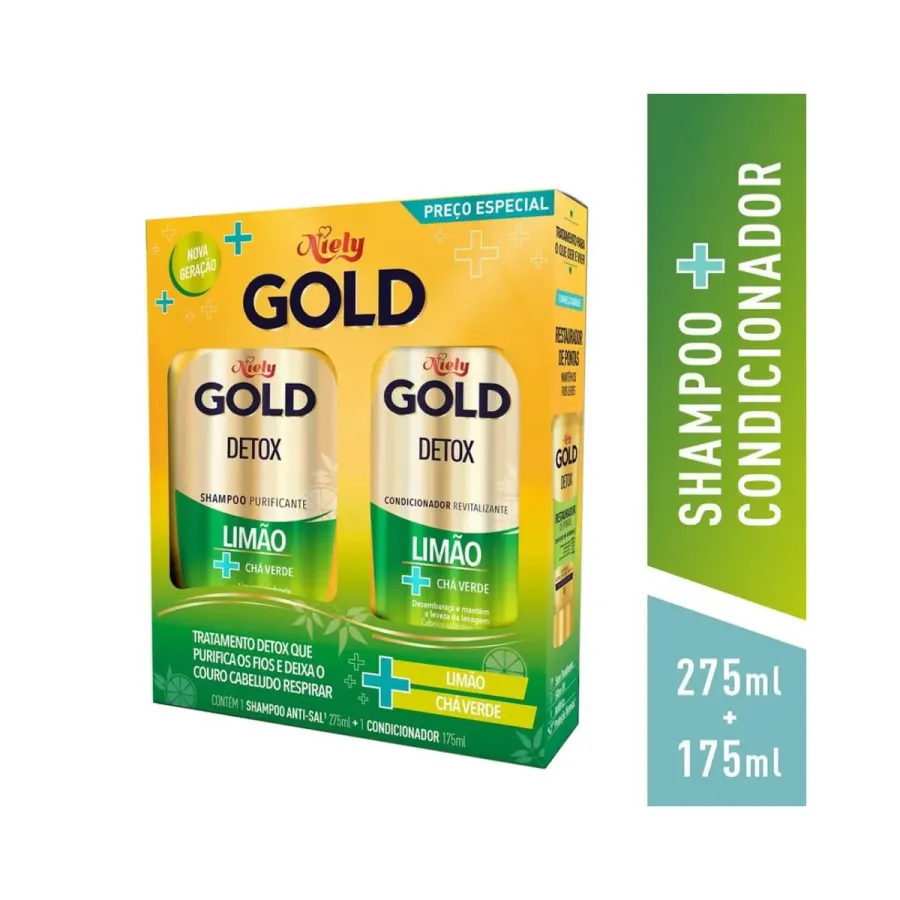 Kit Shampoo 275ml e Condicionador 175ml Detox Limão e Chá Verde Niely Gold