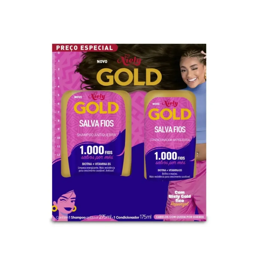 Kit Niely Gold Salva Fios Antiquebra Biotina e Vitamina B5 Shampoo 275ml + Condicionador 175ml