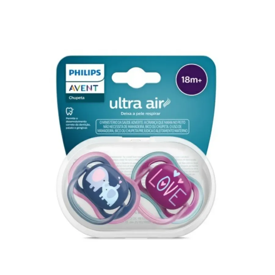 Chupeta Avent Ultra Air Scf349/22 18 Meses+ Decorada Elefante/Love Azul e Rosa 2 Unidades