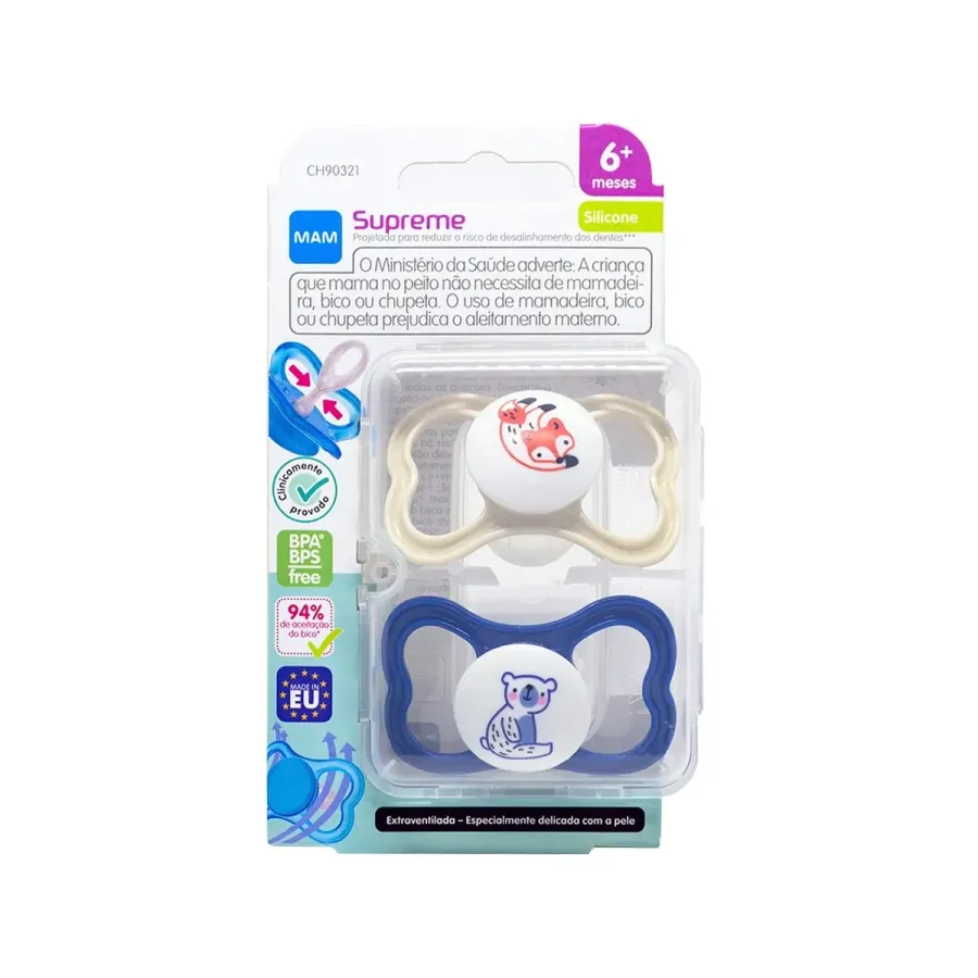 Kit Chupeta Mam Supreme 6+ Azul e Branca 2 Unidades