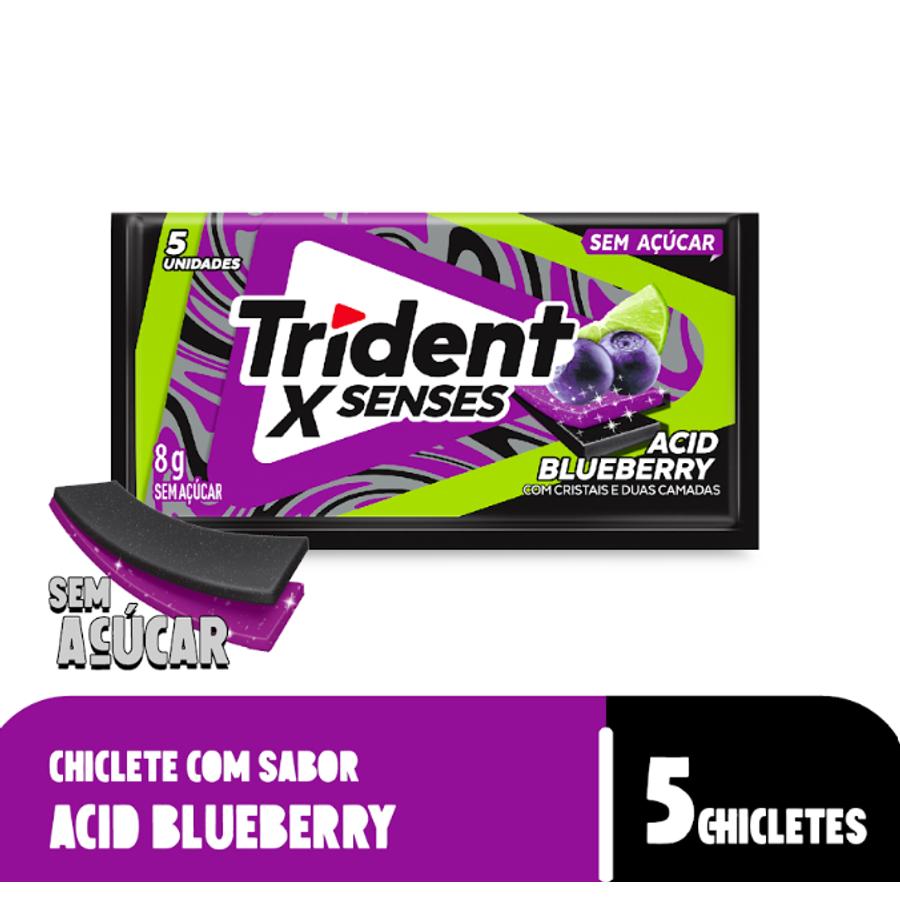 Chiclete Trident Xsenses Acid Blueberry Sem Açúcar 8g 5 Unidades